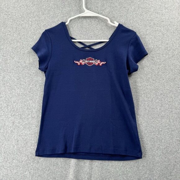 Harley-Davidson Tee Tshirt Wmns XS Blue Short Sleeve Embroidered Logo Motorcycle - Picture 1 of 11